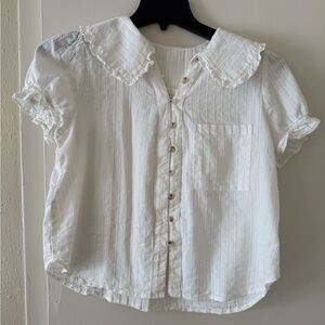 100% Cotton White Short Sleeve Blouse with Ruffled Collar